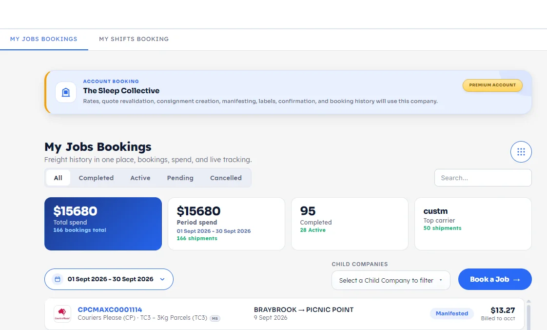 My Jobs Bookings page showing the upper-right operational controls area