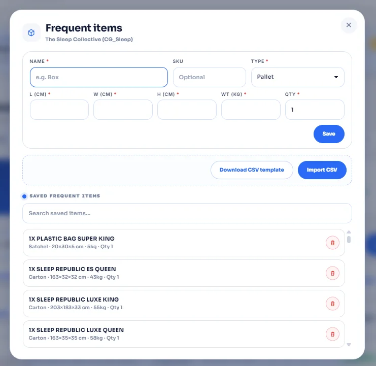 Frequent items modal with the new item form and Save button at the top