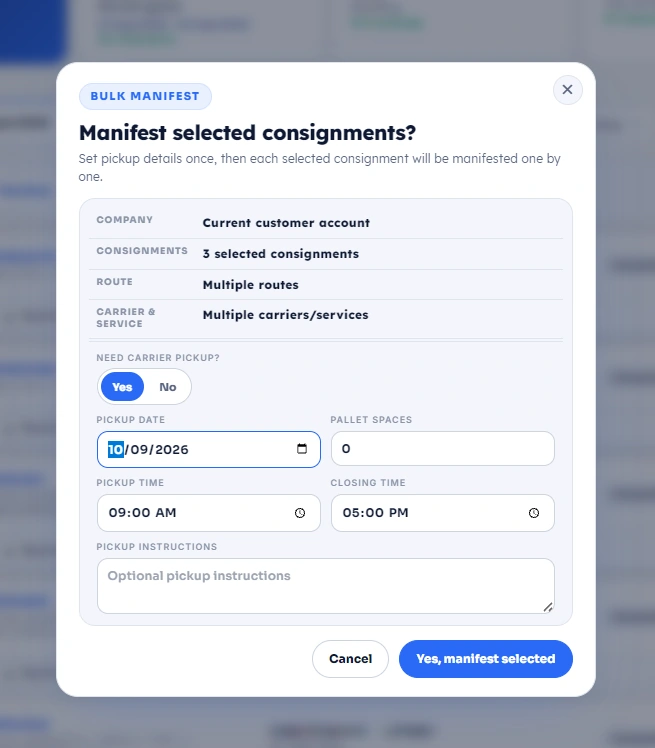 Bulk manifest modal with pickup fields and Yes manifest selected button