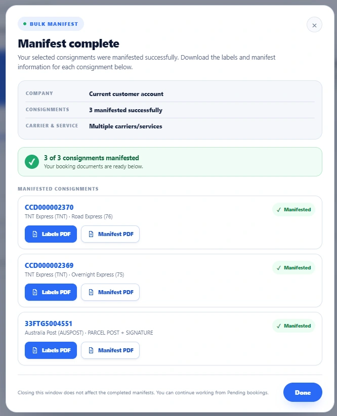 Bulk manifest complete modal with Labels PDF and Manifest PDF buttons