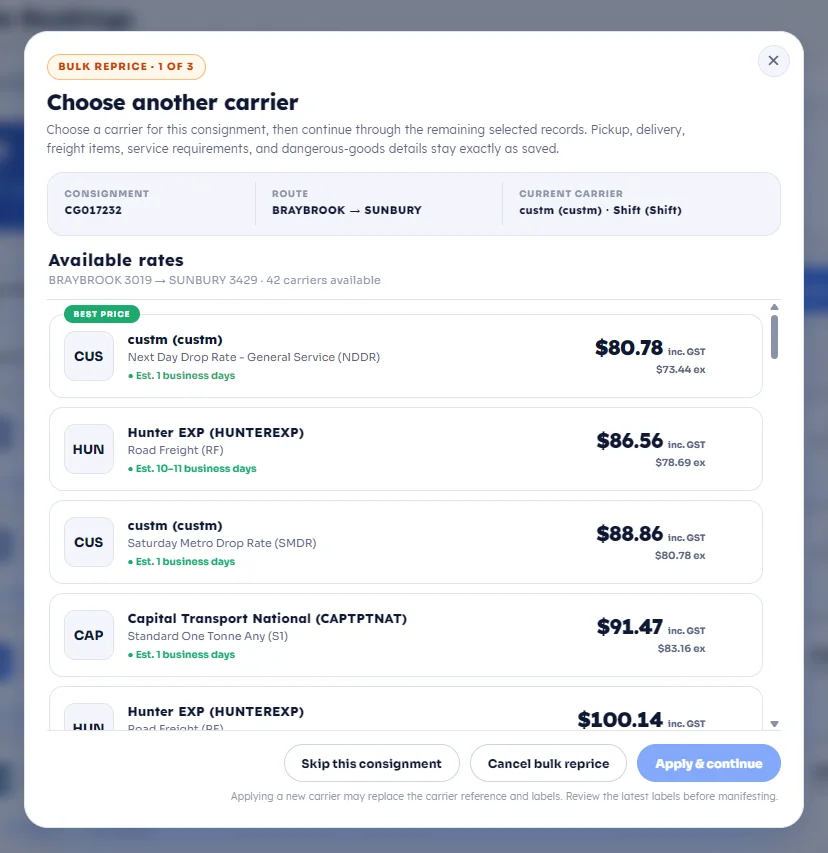 Bulk repricing modal showing available carrier rates for a selected consignment
