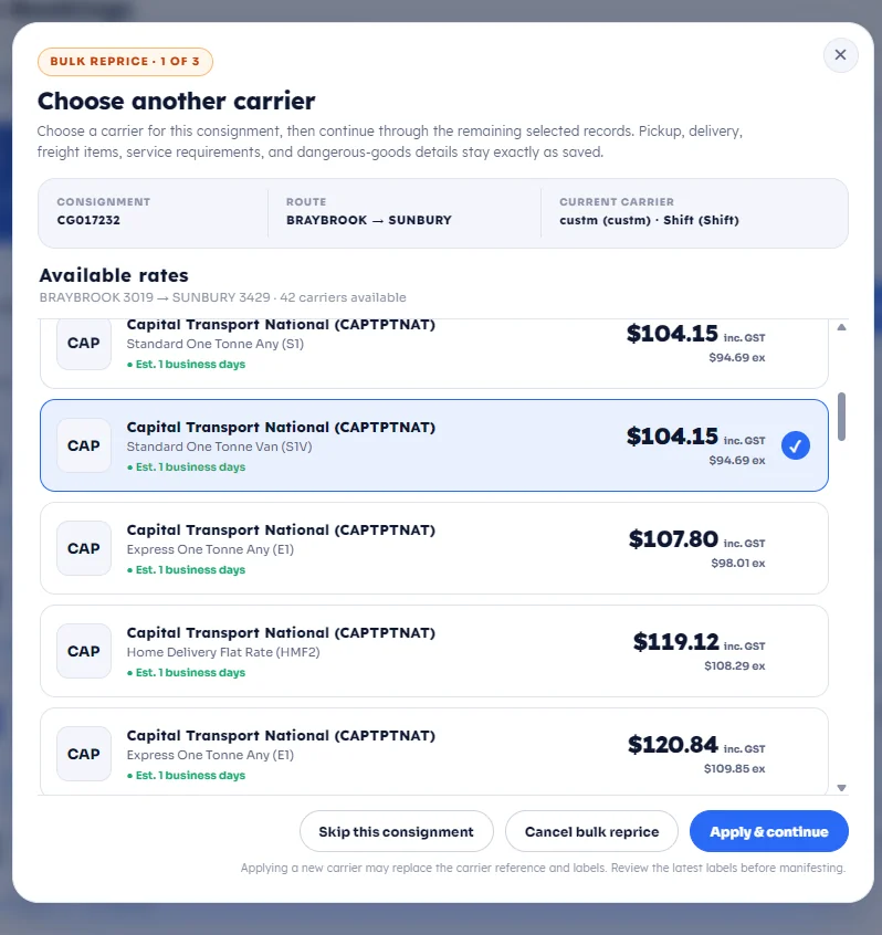 Selected carrier rate with Apply and continue button in the bulk repricing modal