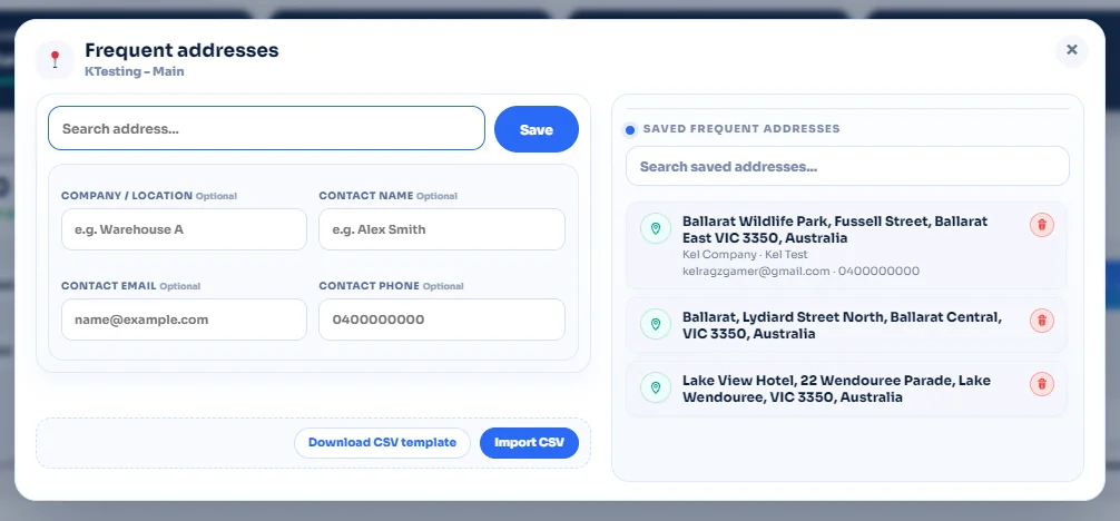 Frequent addresses modal showing address entry fields and Save button
