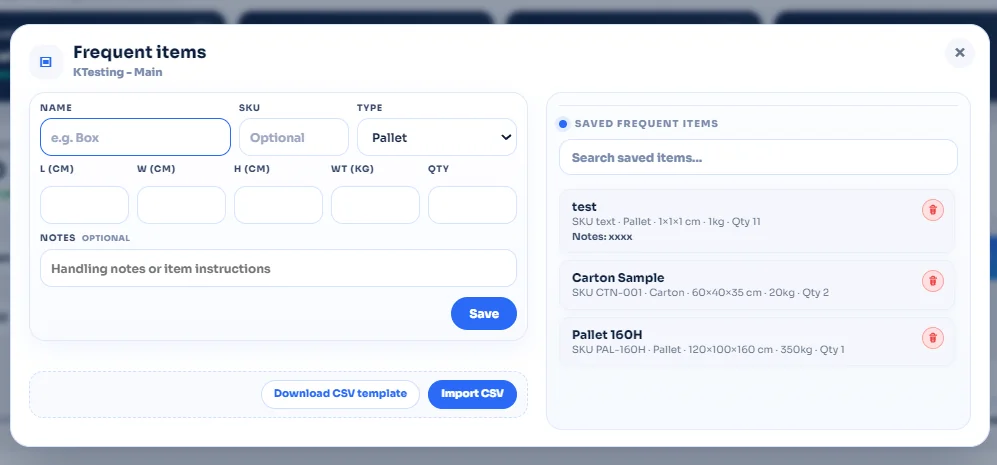 Frequent items modal showing the left-side item input fields and Save button