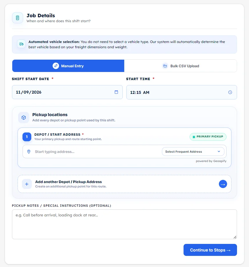 Job Details screen showing Manual Entry or Bulk CSV Upload with shift start date and start time fields