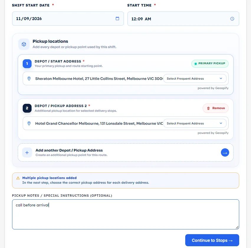 Job Details screen with multiple pickup locations and pickup notes