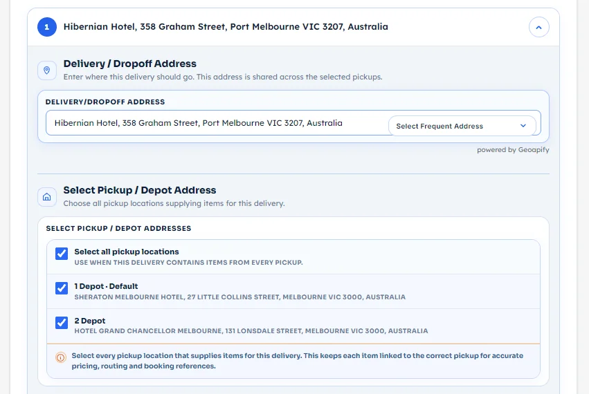 Shared dropoff screen showing all pickup or depot addresses selected for the delivery