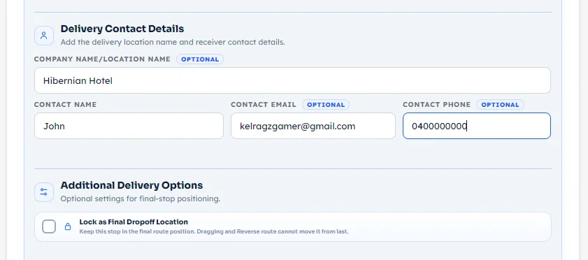 Delivery Contact Details section with company name location name, contact name, email and phone