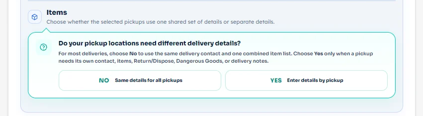 Items section asking whether pickup locations need different delivery details with No and Yes options