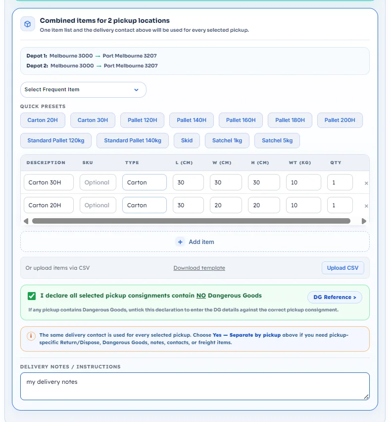 Combined items section for two pickup locations with one shared item list and Continue to Options flow
