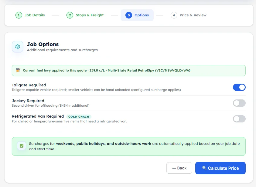 Job Options screen with Calculate Price button