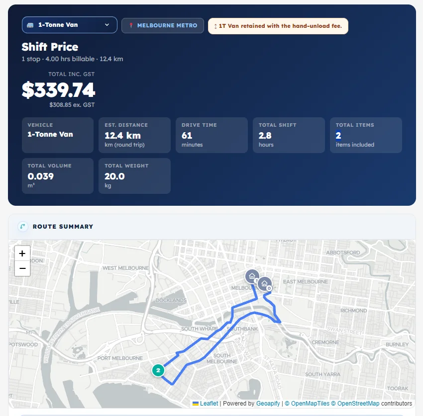 Price and Review screen showing shift price and route summary map