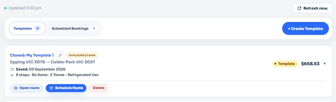 Open the saved route template