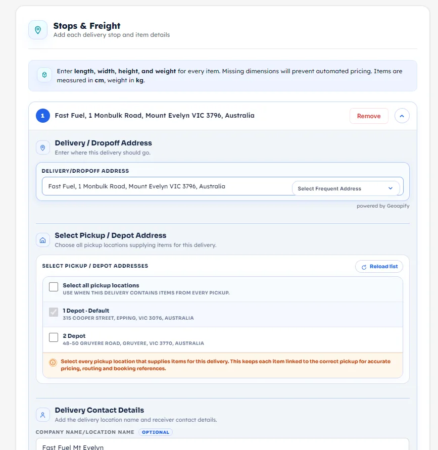 Review and edit the delivery stops, items and pickup location
