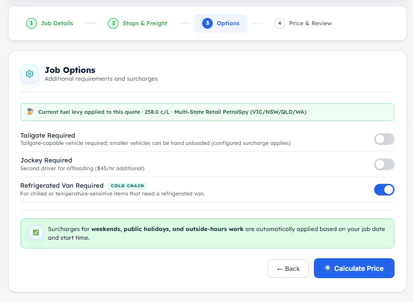 Review the final job options before continuing to Price and Review