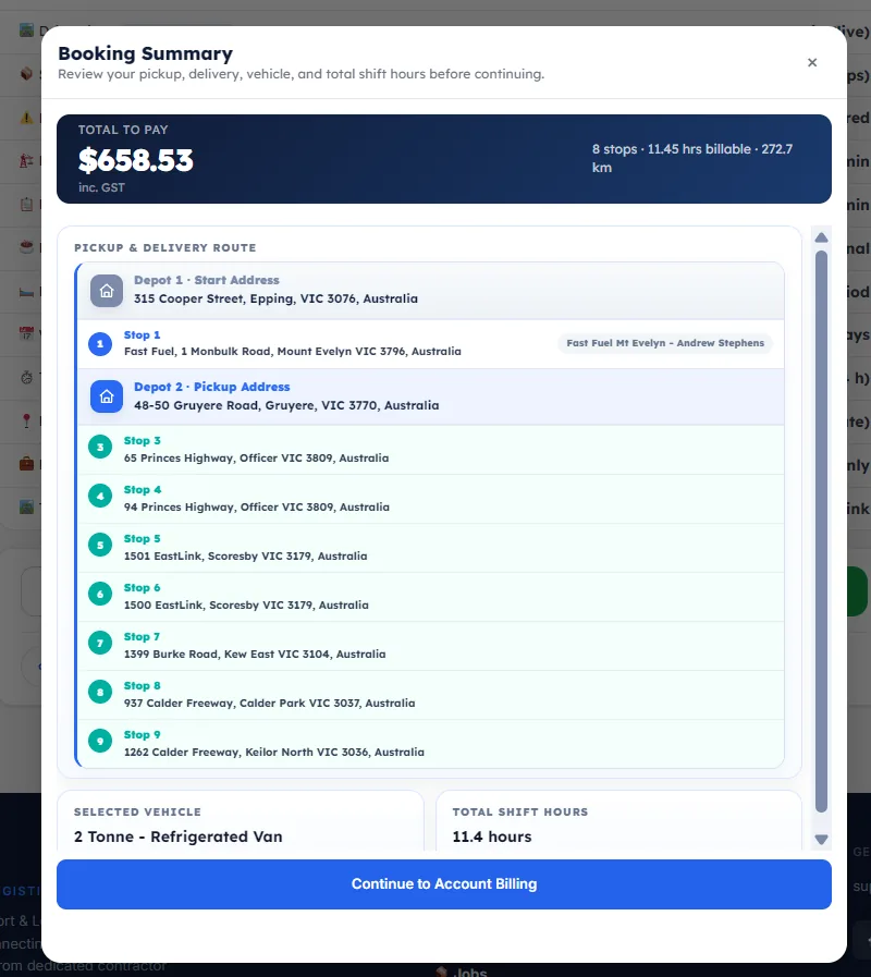 Review the Booking Summary and continue to account billing