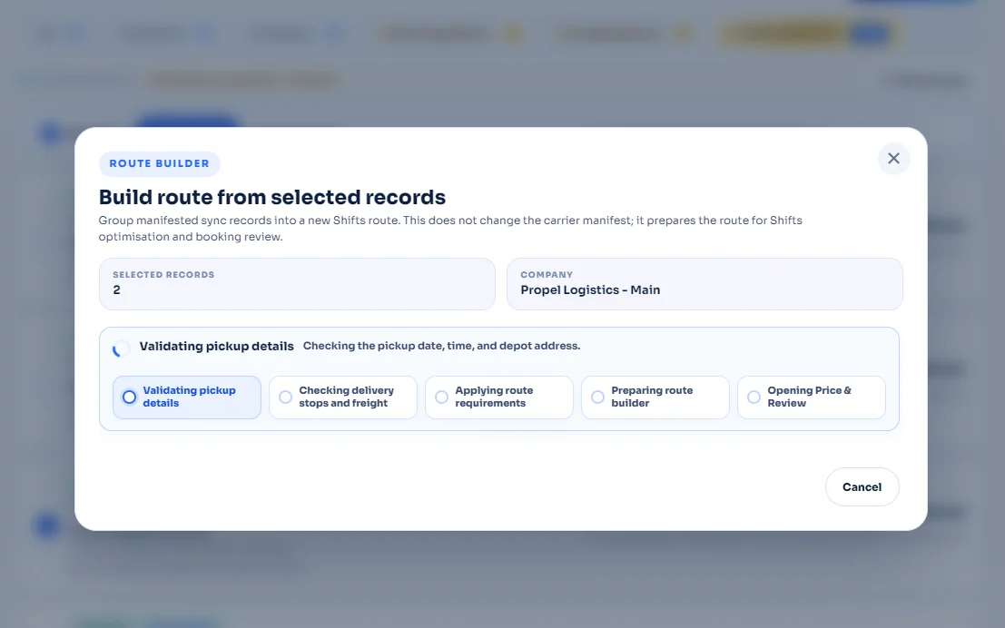 Route builder validation progress