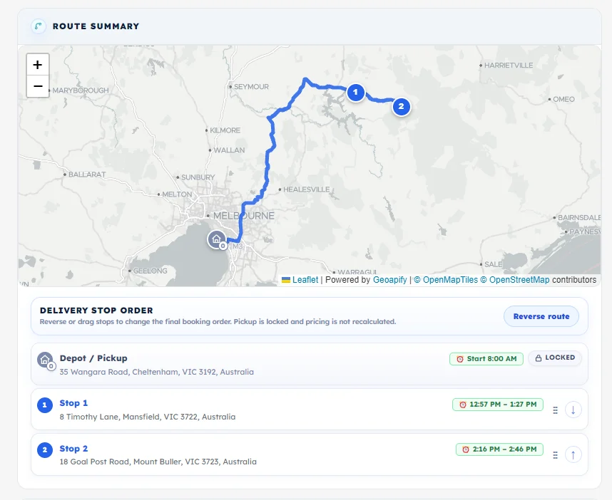 Route summary map and stop order