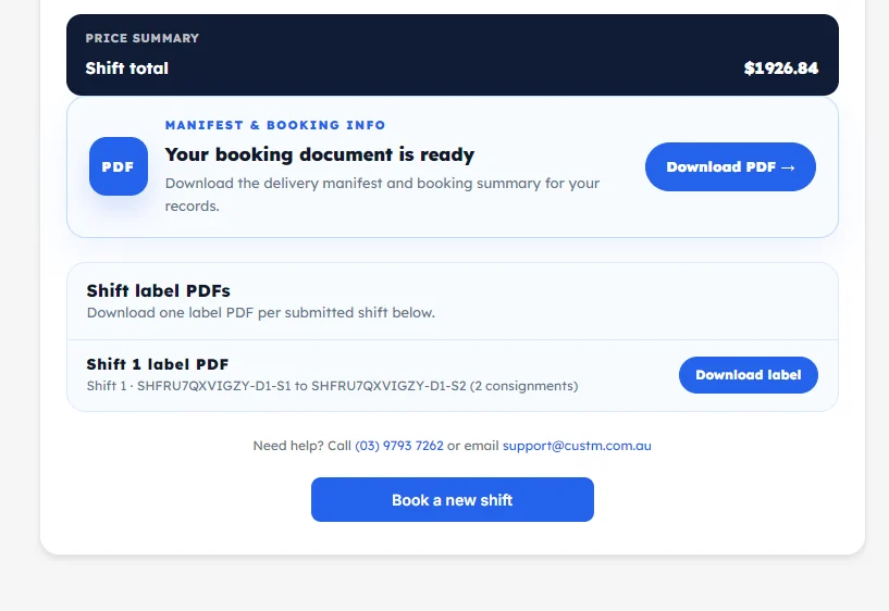Booking documents and Shift labels