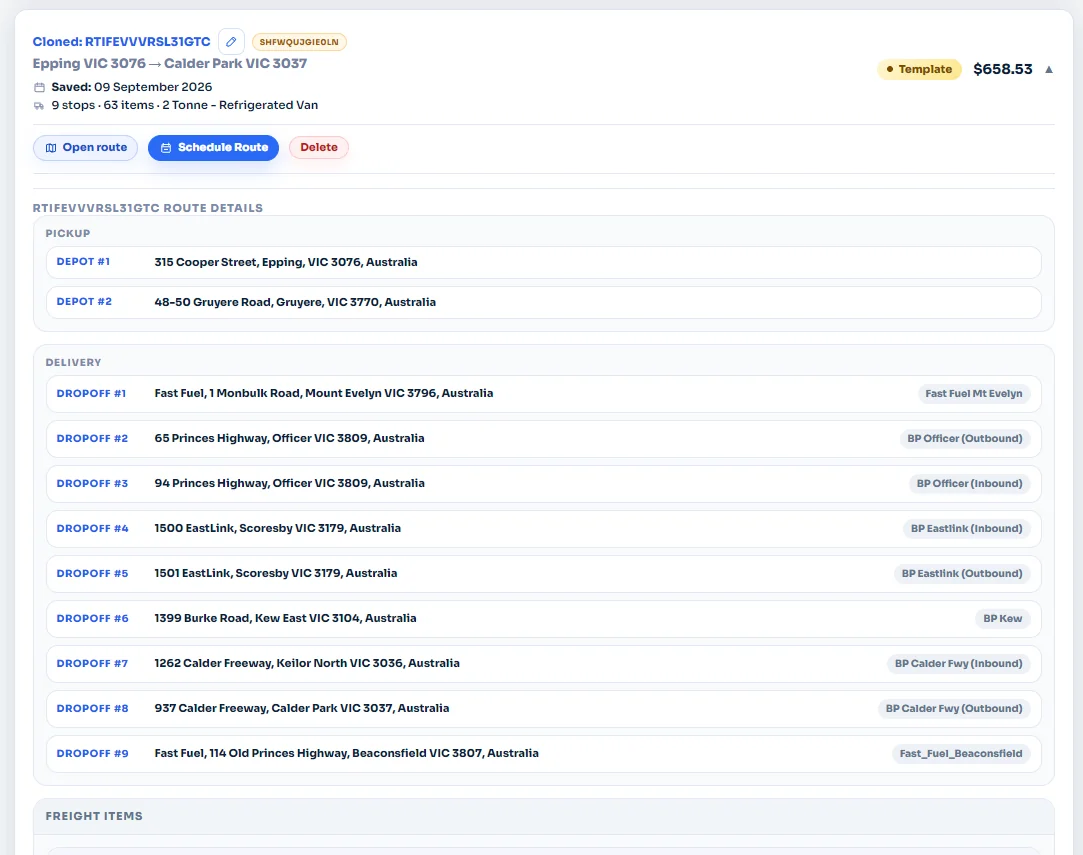 Expanded recurring route template showing route details, stops, and freight items