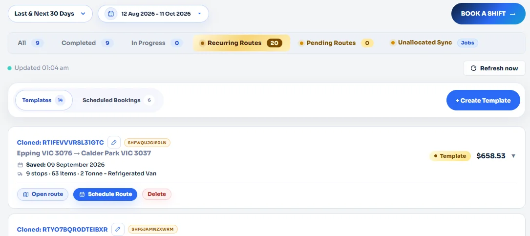 Recurring Routes template card with the Schedule Route button