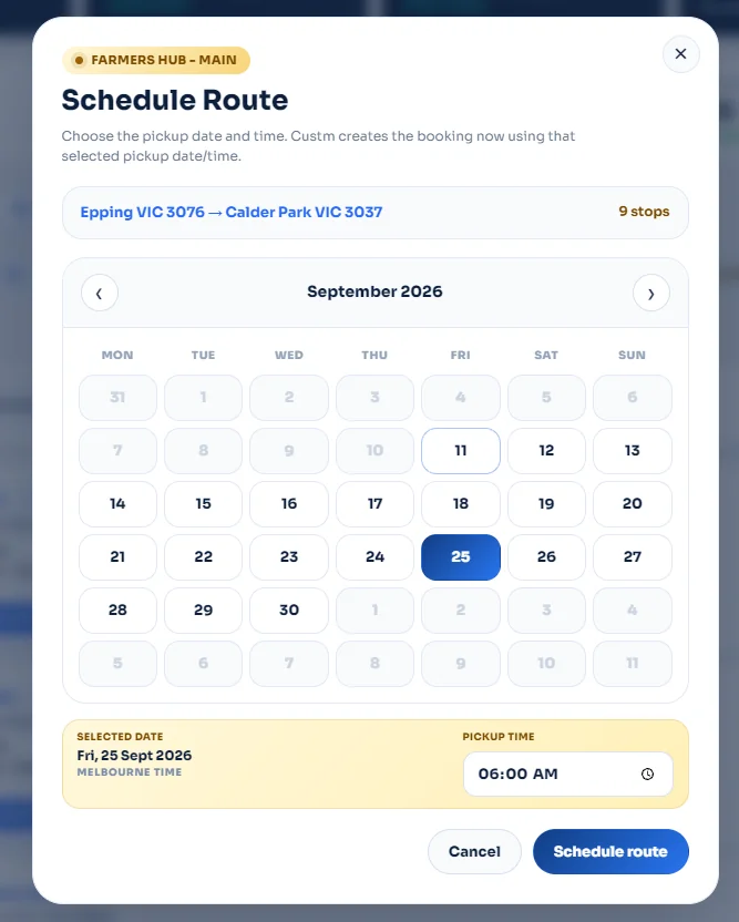 Schedule Route modal with calendar date selection and pickup time field